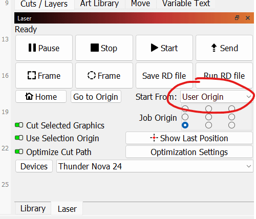 where to select user origin for cutting with your thunder laser.